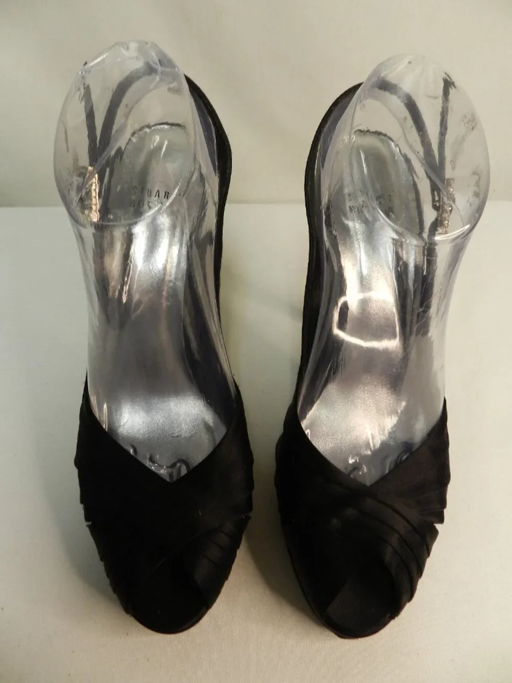 Stuart Weitzman Satin Leather Crystal Buckle black slingback peep toe heels 9.5